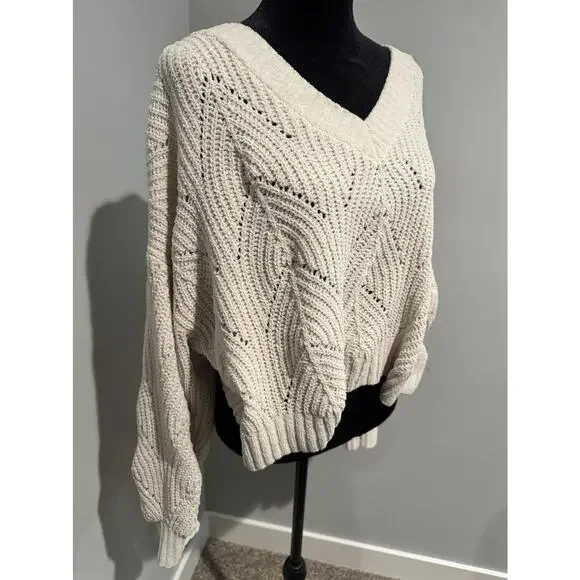 American Eagle Outfitters Sweater Womens Large White Open Knit V Neck Dolman - Picture 2 of 8